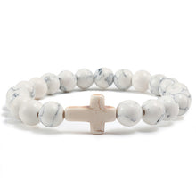 Load image into Gallery viewer, Trendy Jesus Cross Charm Blue Turquoises Men Bracelet Black Lava Stone 8mm White Beads Bracelets Bangles for Women Yoga Jewelry