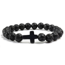 Load image into Gallery viewer, Trendy Jesus Cross Charm Blue Turquoises Men Bracelet Black Lava Stone 8mm White Beads Bracelets Bangles for Women Yoga Jewelry