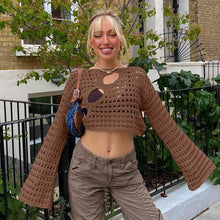 Load image into Gallery viewer, Hollow Out Cropped Knit Smock Top Women Vintage Loose Distressed Crochet Pullovers Crop Tops Fairy Grunge Sweater Cover-up