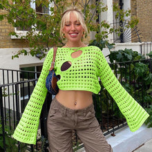 Load image into Gallery viewer, Hollow Out Cropped Knit Smock Top Women Vintage Loose Distressed Crochet Pullovers Crop Tops Fairy Grunge Sweater Cover-up