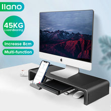 Load image into Gallery viewer, Black Folding Adjustable Monitor Stand Computer Stand with Storage Box and Phone Holder Computer Monitor Desktop Heightening Shelf