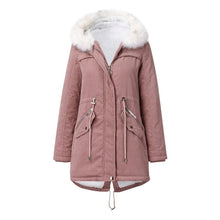 Load image into Gallery viewer, Winter Women's White Fur Collar Parka Mid Length Hooded Warm Fleece Solid Color Long Sleeve Casual Chic Coat M-4XL