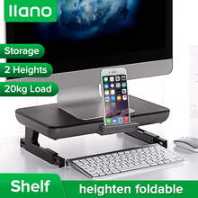 Load image into Gallery viewer, Black Folding Adjustable Monitor Stand Computer Stand with Storage Box and Phone Holder Computer Monitor Desktop Heightening Shelf