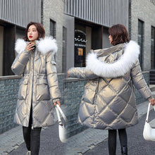Load image into Gallery viewer, Winter Big Fur Collar Down Cotton Women Bright Face Mid-length Loose Cotton Jacket