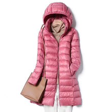 Load image into Gallery viewer, Women Fall Winter Stand Collar Hooded Solid Color Zipper Long White Duck Down Jacket M-5XL