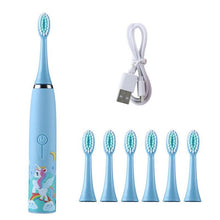 Load image into Gallery viewer, Sonic Rechargeable Childrens Electric Toothbrush 4 Memory Modes 6 Soft Brush Heads IPX7 Waterproof