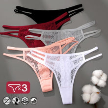 Load image into Gallery viewer, 3PCS/Set Sexy Lace Panties for Women Perspective Hollow Out Thong G-String Female Breathable Underwear Solid Color Soft Lingerie