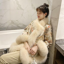 Load image into Gallery viewer, Chinese Style Fox Fur Coat Court Lady Satin Mid-length Beaded Faux Fur Shawl Jacket Women Winter Coat Print Outwear