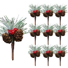 Load image into Gallery viewer, 10Pcs Mini Simulation Christmas Pine Picks Stems Artificial Pine Needle Berry Plant for Xmas Party Home Decor Hanging Pendant
