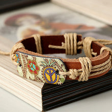 Load image into Gallery viewer, Popular Ornament Hemp Rope Braided Leather Leather Bracelet Retro Style Heat Transfer Patch Peace Logo Leather Bracelet

