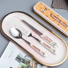 Load image into Gallery viewer, Creative Style Children's Ceramic Stainless Steel Tableware Set Cartoon Chopsticks Spoon Fork Portable Tableware Three-Piece Set
