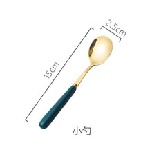 Load image into Gallery viewer, Ceramic Fruit Fork Coffee Spoon Stainless Steel Tableware Moon Cake Knife Fork Dark Green Steak Knife, Fork and Spoon
