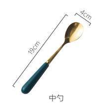 Load image into Gallery viewer, Ceramic Fruit Fork Coffee Spoon Stainless Steel Tableware Moon Cake Knife Fork Dark Green Steak Knife, Fork and Spoon
