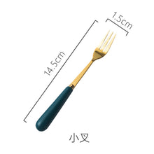 Load image into Gallery viewer, Ceramic Fruit Fork Coffee Spoon Stainless Steel Tableware Moon Cake Knife Fork Dark Green Steak Knife, Fork and Spoon
