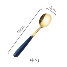 Load image into Gallery viewer, Ceramic Fruit Fork Coffee Spoon Stainless Steel Tableware Moon Cake Knife Fork Dark Green Steak Knife, Fork and Spoon
