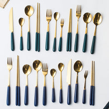Load image into Gallery viewer, Ceramic Fruit Fork Coffee Spoon Stainless Steel Tableware Moon Cake Knife Fork Dark Green Steak Knife, Fork and Spoon
