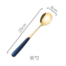 Load image into Gallery viewer, Ceramic Fruit Fork Coffee Spoon Stainless Steel Tableware Moon Cake Knife Fork Dark Green Steak Knife, Fork and Spoon
