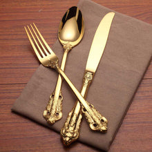 Load image into Gallery viewer, Western Tableware 304 Stainless Steel Knife and Forks Set Golden Relief Steak Knife and Fork

