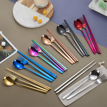 Load image into Gallery viewer, Stainless Steel Korean-Style Spoon Fork Chopsticks Titanium-Plated Tableware Student Portable Three-Piece Chopsticks Spoon Fork

