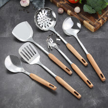 Load image into Gallery viewer, Household Stainless Steel Wooden Spatula Soup Spoon and Strainer Kitchen Cooking Spoon and Shovel Beech Kitchenware Set
