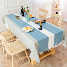 Load image into Gallery viewer, HG-021 Blue Striped Stitching Tassel Cotton Linen Tablecloth Table Cloth
