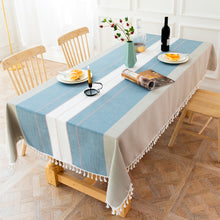Load image into Gallery viewer, HG-021 Blue Striped Stitching Tassel Cotton Linen Tablecloth Table Cloth
