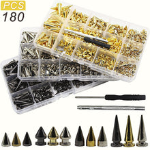 Load image into Gallery viewer, 180/80 Sets Punk Rivet Screw Back Studs and Spikes Kit with Tools Leather Craft Bullet Cone DIY for Leather collar Bracelet
