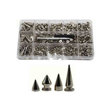 Load image into Gallery viewer, 180/80 Sets Punk Rivet Screw Back Studs and Spikes Kit with Tools Leather Craft Bullet Cone DIY for Leather collar Bracelet
