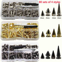 Load image into Gallery viewer, 180/80 Sets Punk Rivet Screw Back Studs and Spikes Kit with Tools Leather Craft Bullet Cone DIY for Leather collar Bracelet
