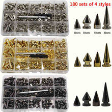 Load image into Gallery viewer, 180/80 Sets Punk Rivet Screw Back Studs and Spikes Kit with Tools Leather Craft Bullet Cone DIY for Leather collar Bracelet
