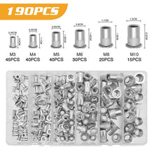 Load image into Gallery viewer, 190/165/100pcs M3 M4 M5 M6 M8 M10 Aluminum Flat Head Rivet Nuts NutsInsert Cap Thread Insert Rivet Nut Tool Set
