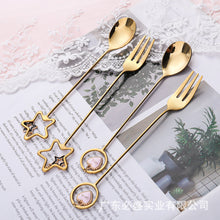 Load image into Gallery viewer, Stainless Steel Stirring Spoon Pentagram Spoon Fork Golden Cherry Blossom Dessert Spoon
