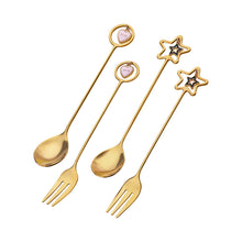 Load image into Gallery viewer, Stainless Steel Stirring Spoon Pentagram Spoon Fork Golden Cherry Blossom Dessert Spoon
