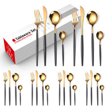 Load image into Gallery viewer, Stainless Steel Knife and Forks Four-Piece Spray Paint Portuguese Tableware 24 Pieces Golden Set Creative Western Food Steak Knife, Fork and Spoon
