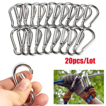 Load image into Gallery viewer, Fishhook 20Pcs Mini Alloy Spring Carabiner Snap Hook Carabiner Clip Keychain EDC Survival Outdoor Camping Tools Silver Size 40*20*3.6mm
