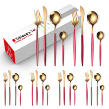 Load image into Gallery viewer, Stainless Steel Knife and Forks Four-Piece Spray Paint Portuguese Tableware 24 Pieces Golden Set Creative Western Food Steak Knife, Fork and Spoon
