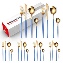 Load image into Gallery viewer, Stainless Steel Knife and Forks Four-Piece Spray Paint Portuguese Tableware 24 Pieces Golden Set Creative Western Food Steak Knife, Fork and Spoon
