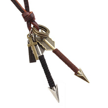 Load image into Gallery viewer, Hip Hop Anime Necklace Creative Double Arrow Roll Leather Alloy Pendant Neck Accessories Men's Leather Rope Long Sweater Chain
