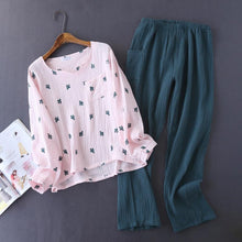 Load image into Gallery viewer, New Japanese Style Spring and Autumn Ladies Cotton Crepe Cloth Long-sleeved Trousers Pajamas Cactus Comfortable Home Service
