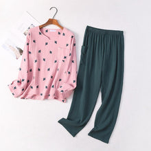 Load image into Gallery viewer, New Japanese Style Spring and Autumn Ladies Cotton Crepe Cloth Long-sleeved Trousers Pajamas Cactus Comfortable Home Service
