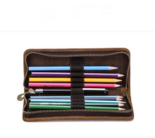 Load image into Gallery viewer, Vintage Leather Pencil Case Square Zipper Vgenuine Leather Pencil Box
