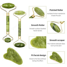 Load image into Gallery viewer, 2pcs Face Massager Roller Natural Jade Stone Guasha Board Scraper Set Facial Lift Skin Relaxation Slimming Beauty Neck Thin Tool
