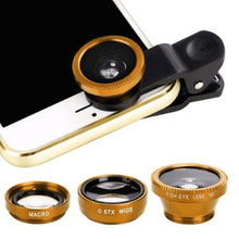 Load image into Gallery viewer, 3-in-1 Wide Angle Macro Fisheye Lens Camera Kits Mobile Phone Fish Eye Lenses with Clip 0.67x for iPhone Samsung All Cell Phones
