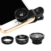 Load image into Gallery viewer, 3-in-1 Wide Angle Macro Fisheye Lens Camera Kits Mobile Phone Fish Eye Lenses with Clip 0.67x for iPhone Samsung All Cell Phones
