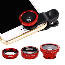 Load image into Gallery viewer, 3-in-1 Wide Angle Macro Fisheye Lens Camera Kits Mobile Phone Fish Eye Lenses with Clip 0.67x for iPhone Samsung All Cell Phones
