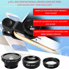Load image into Gallery viewer, 3-in-1 Wide Angle Macro Fisheye Lens Camera Kits Mobile Phone Fish Eye Lenses with Clip 0.67x for iPhone Samsung All Cell Phones
