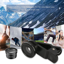 Load image into Gallery viewer, 3-in-1 Wide Angle Macro Fisheye Lens Camera Kits Mobile Phone Fish Eye Lenses with Clip 0.67x for iPhone Samsung All Cell Phones
