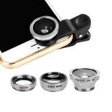 Load image into Gallery viewer, 3-in-1 Wide Angle Macro Fisheye Lens Camera Kits Mobile Phone Fish Eye Lenses with Clip 0.67x for iPhone Samsung All Cell Phones
