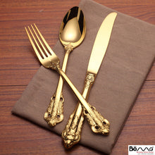 Load image into Gallery viewer, Western Tableware 304 Stainless Steel Knife and Forks Set Golden Relief Steak Knife and Fork
