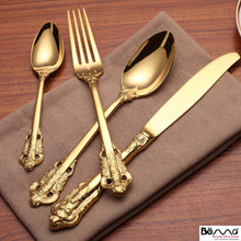 Load image into Gallery viewer, Western Tableware 304 Stainless Steel Knife and Forks Set Golden Relief Steak Knife and Fork
